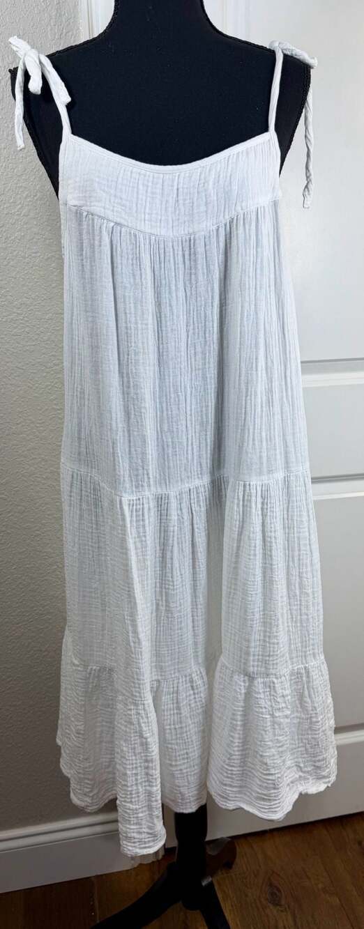 beachlunchlounge White Cotton Gauze Tie Shoulder Tiered Midi Dress Size M